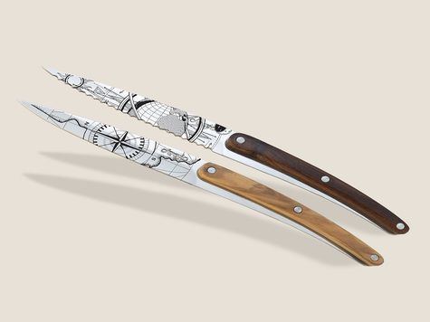2 Deejo Brotzeitmesser, Oliven- und Korallenholz / Globetrotter &Terra Incognita